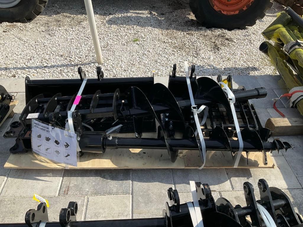 UNUSED 2025 VICSEC MINI EXCAVATOR ATTACHMENT SET WHICH INCLUDES ( 1 ) BUCKET WITH TEETH / ( 1 ) QUIC2346K HITCH / ( 1 ) BUCKET / ( 1 ) GRABBER/ ( 1 ) AUGER / ( 1 ) AUGER ROD/ ( 1 ) RAKE & ( 1 ) RIPPER 23463